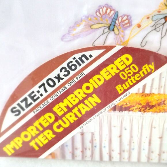 Imported Embroidered Tier Curtain Butterfly Floral Whimsy 70x36" Pair NEW Vintag - Picture 3 of 6